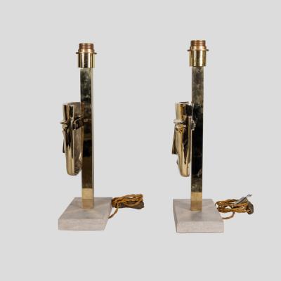 Pair of vintage brass sculpture face mask table lamps