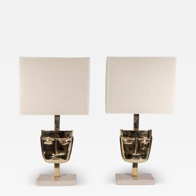 Pair of vintage brass sculpture face mask table lamps