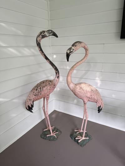 Pair of vintage metal painted flamingo statues