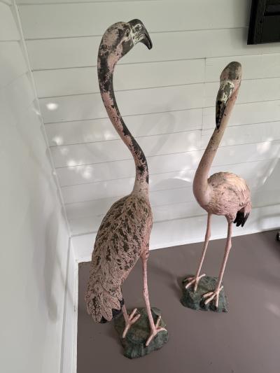 Pair of vintage metal painted flamingo statues