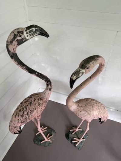 Pair of vintage metal painted flamingo statues
