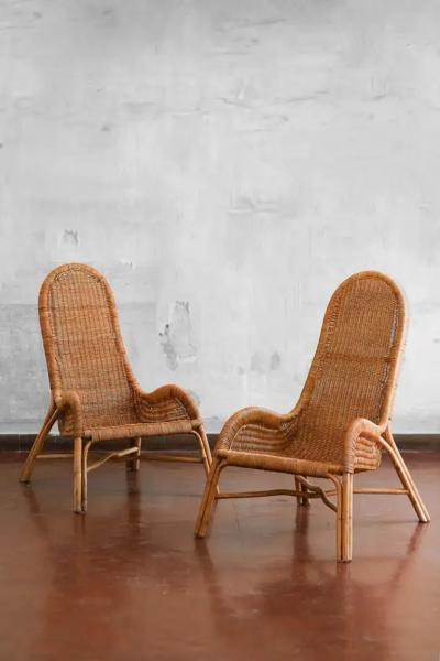Pair of wicker armchairs with curved backrests 1980s 