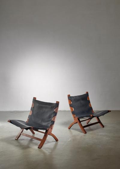 Pair of wood and leather sling chairs 1950s