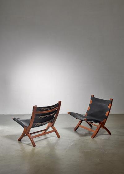 Pair of wood and leather sling chairs 1950s