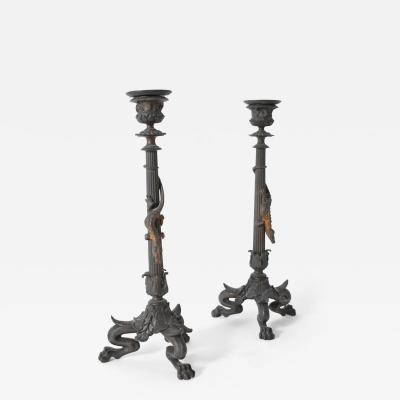 Pair of zoomorphic bronze candle holders XIXth c 