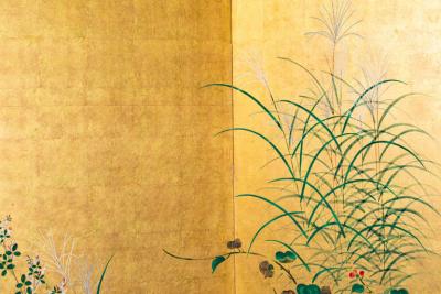 Pair ofJapanese Six Panel Screens Rimpa Flower Landscapes