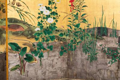 Pair ofJapanese Six Panel Screens Rimpa Flower Landscapes