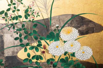 Pair ofJapanese Six Panel Screens Rimpa Flower Landscapes