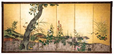 Pair ofJapanese Six Panel Screens Rimpa Flower Landscapes