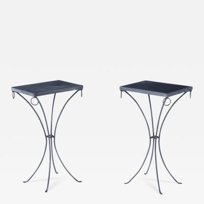 Pair polished iron drinks tables with ring decoration distressed leather tops
