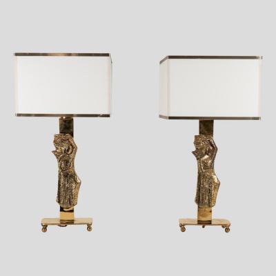 Pair vintage Italian design brass table lamps with solid figure decor