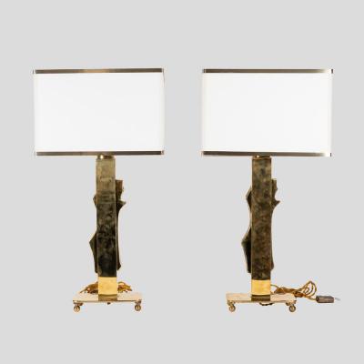Pair vintage Italian design brass table lamps with solid figure decor