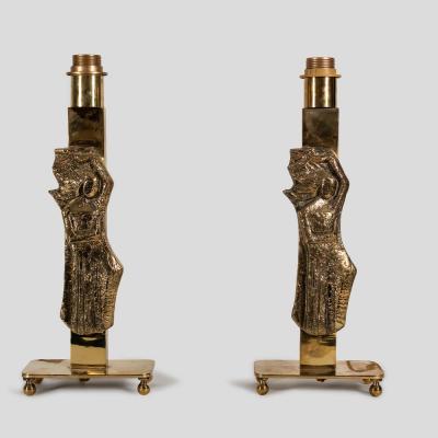 Pair vintage Italian design brass table lamps with solid figure decor