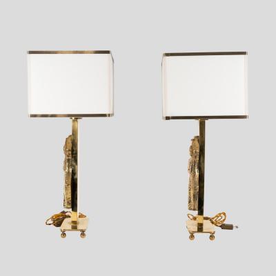 Pair vintage Italian design brass table lamps with solid figure decor