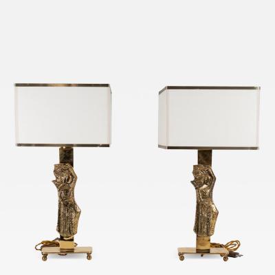 Pair vintage Italian design brass table lamps with solid figure decor