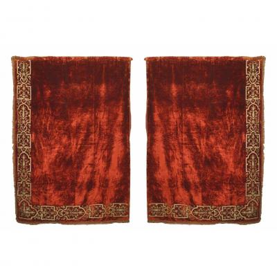 Pairs of Italian Renaissance Style Scarlet Velvet Embroidered Drapes
