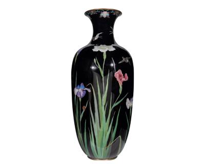 Palace Sized Japanese Cloisonne Enamel Vase Adorned with Irises and Sparrows