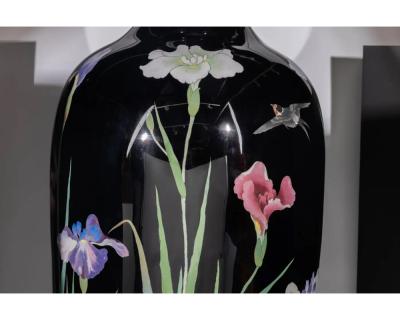 Palace Sized Japanese Cloisonne Enamel Vase Adorned with Irises and Sparrows