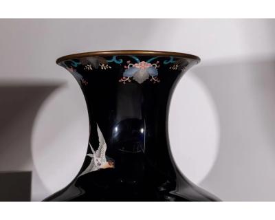 Palace Sized Japanese Cloisonne Enamel Vase Adorned with Irises and Sparrows