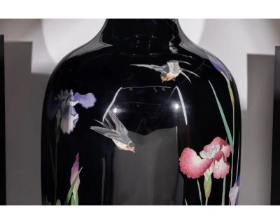 Palace Sized Japanese Cloisonne Enamel Vase Adorned with Irises and Sparrows