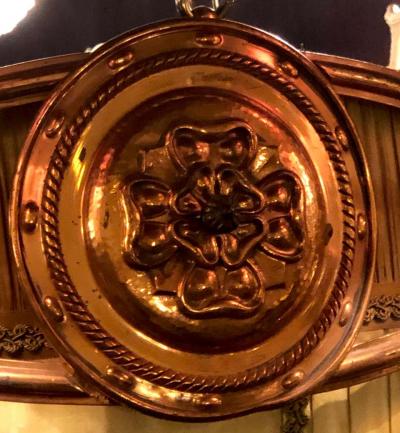 Palatial Light Fixture in Copper Brass and Iron with Silk Dome Shade