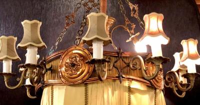 Palatial Light Fixture in Copper Brass and Iron with Silk Dome Shade