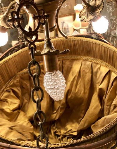 Palatial Light Fixture in Copper Brass and Iron with Silk Dome Shade