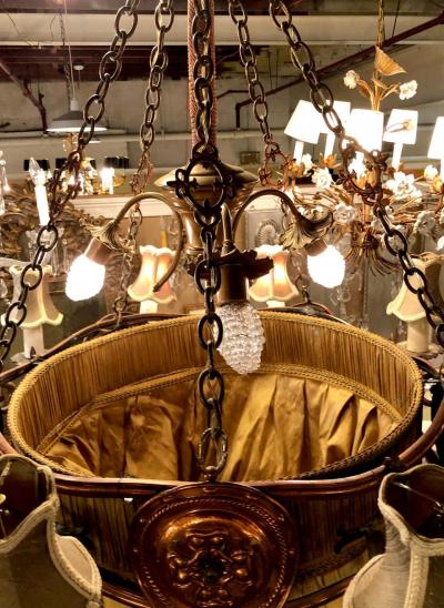 Palatial Light Fixture in Copper Brass and Iron with Silk Dome Shade