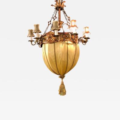 Palatial Light Fixture in Copper Brass and Iron with Silk Dome Shade