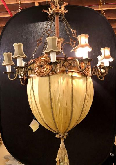 Palatial Light Fixture in Copper Brass and Iron with Silk Dome Shade