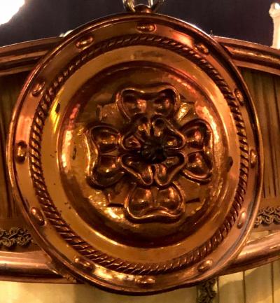 Palatial Light Fixture in Copper Brass and Iron with Silk Dome Shade