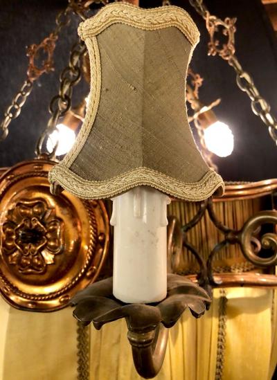 Palatial Light Fixture in Copper Brass and Iron with Silk Dome Shade