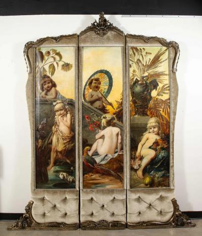 Palatial and Opulent Belle Epoque Giltwood Oil on Canvas Three Panel Screen