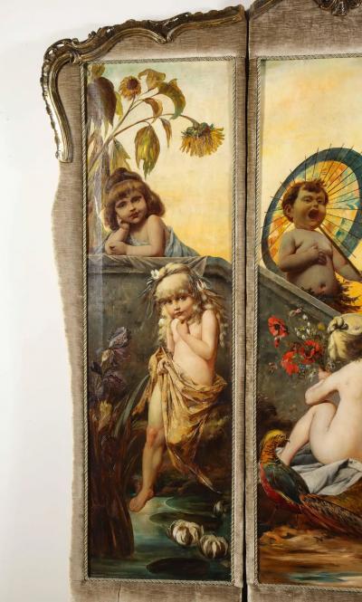 Palatial and Opulent Belle Epoque Giltwood Oil on Canvas Three Panel Screen