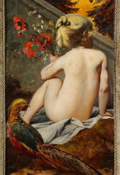 Palatial and Opulent Belle Epoque Giltwood Oil on Canvas Three Panel Screen