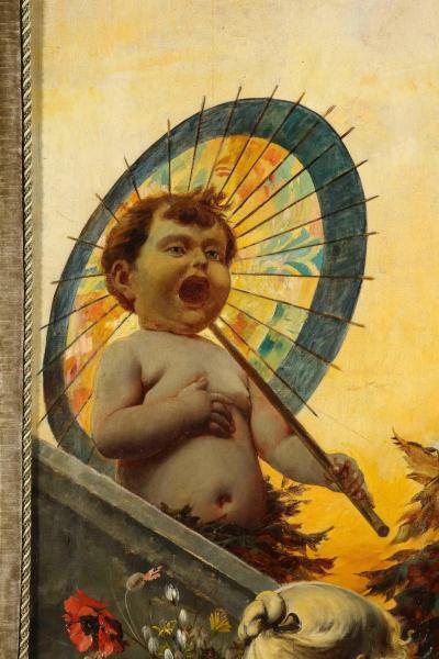 Palatial and Opulent Belle Epoque Giltwood Oil on Canvas Three Panel Screen