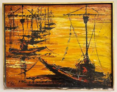 Palette Knife Oil Painting of Fishing Boats