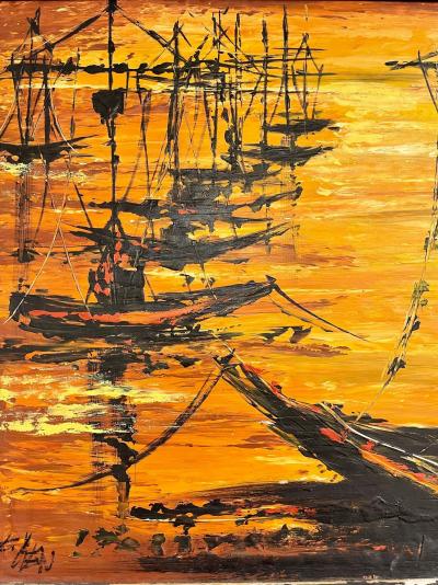Palette Knife Oil Painting of Fishing Boats