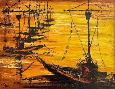 Palette Knife Oil Painting of Fishing Boats