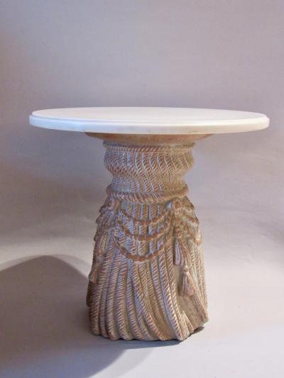 Palladio Mid Century Marble Top Cerused Cast Plaster Tassell End Table Italy 1960