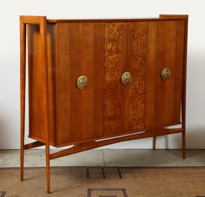 Paolo Buffa 1960s Walnut High Sideboard with Sculptural Brass Handles Italy