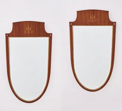 Paolo Buffa Elegant Pair of Shield Mirrors with marquetry decor Italy 1950s