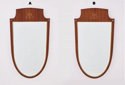 Paolo Buffa Elegant Pair of Shield Mirrors with marquetry decor Italy 1950s