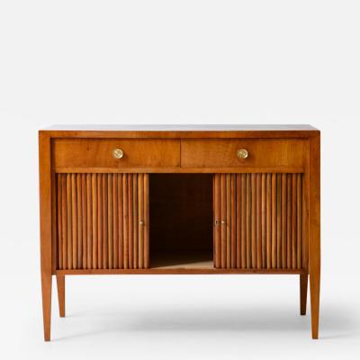 Paolo Buffa Elegant two door cabinet in grissinato wood and two drawers with brass knobs