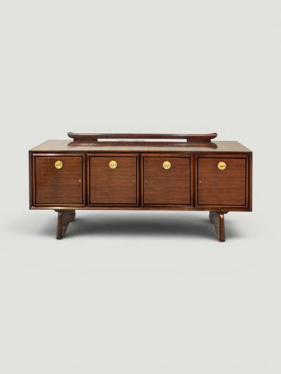 Paolo Buffa Italian Midcentury Paolo Buffa Walnut Sideboard with Brass Medallions 1950s