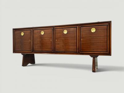 Paolo Buffa Italian Midcentury Paolo Buffa Walnut Sideboard with Brass Medallions 1950s