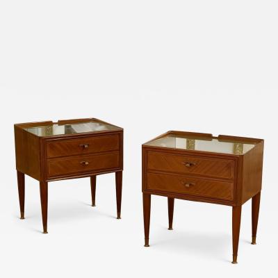 Paolo Buffa Italian Modern Stained Wood Brass Glass Nightstands Italy 1950s