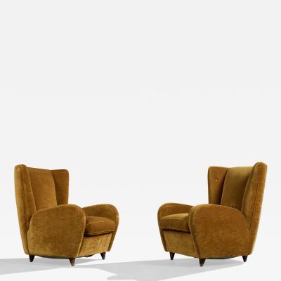 Paolo Buffa Lounge Chairs with Wood and Velvet Italy 1950s