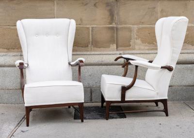 Paolo Buffa PAIR OF WALNUT MID CENTURY MODERN WINGBACK ARMCHAIRS BY PAOLO BUFFA