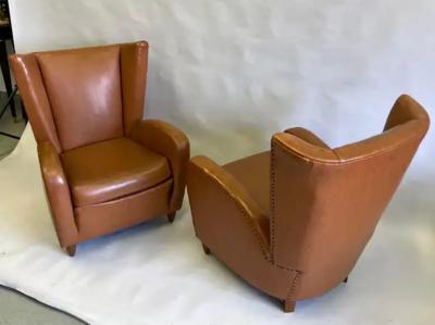 Paolo Buffa Pair Italian Modern Neoclassical Wingback Leather Lounge Chairs by Paolo Buffa